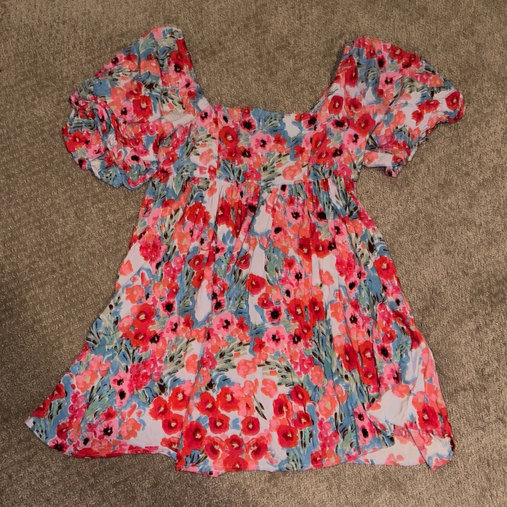 Floral pink and blue babydoll puff sleeve Vestique dress small